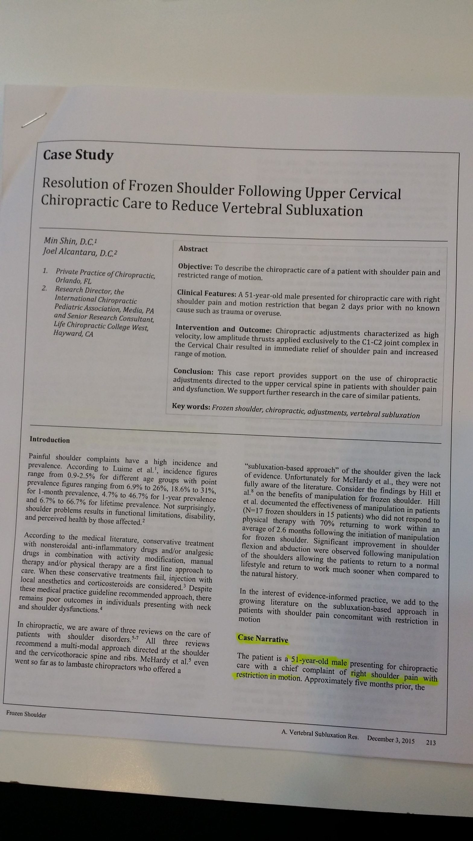 picture of front page of resolution of frozen shoulder following upper cervical chiropractic care to reduce vertebral subluxation 2015