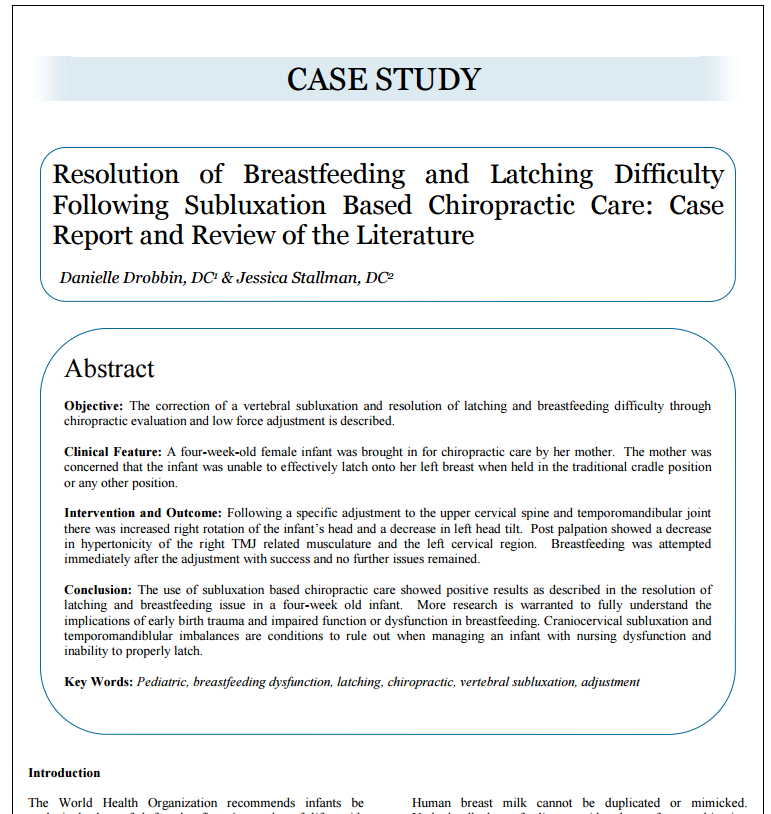 Resolution of breastfeeding and latching difficulty following subluxation based chiropractic care