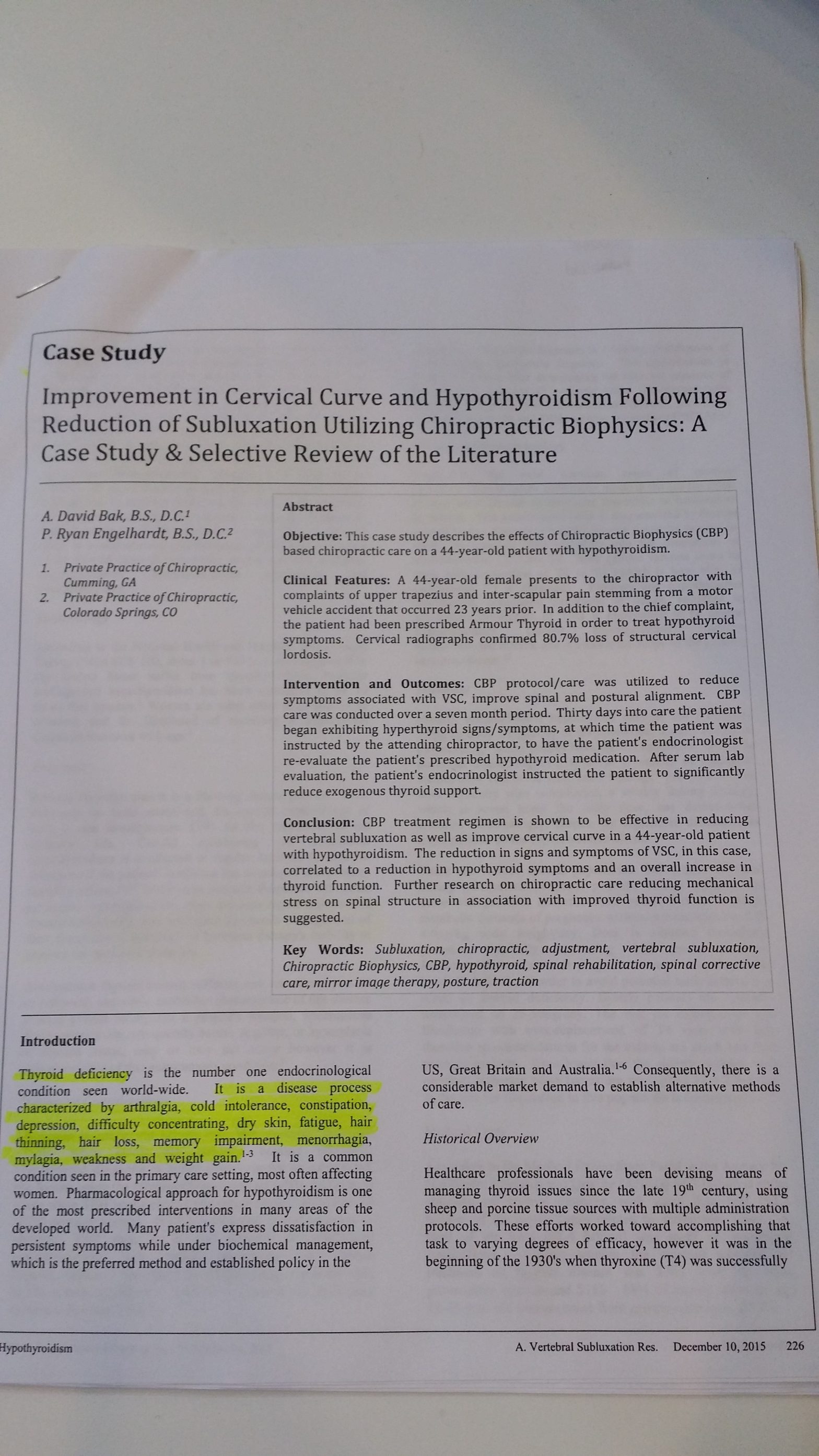 hypothyroidism and chiropractic research article